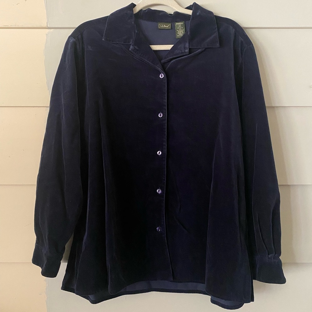 Vintage L.L.Bean Navy Velvet Long Sleeve Buttoned Collared Shirt Top Casual Sz L